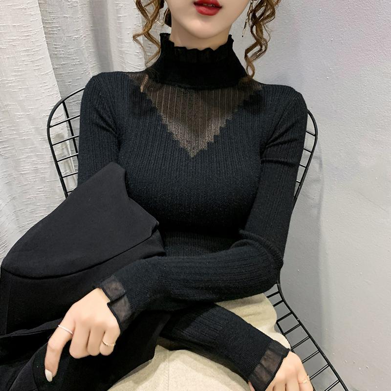 Half High Collar Lace Patchwork Hollow Sweater for Women's Autumn and Winter Slim Fit Knitted Top