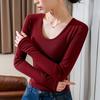 Топ-водолазка с длинным рукавом для женской осенне-зимней новой женской одежды, тонкая футболка однотонного цвета с V-образным вырезом, темпераментный облегающий талию топ