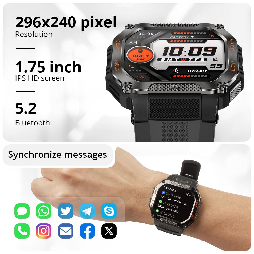 HT34 Smart Watch Men Bluetooth Call Outdoor Rugged Smartwatch 3ATM IP68 Waterproof Flashlight Sports Fitness Watches