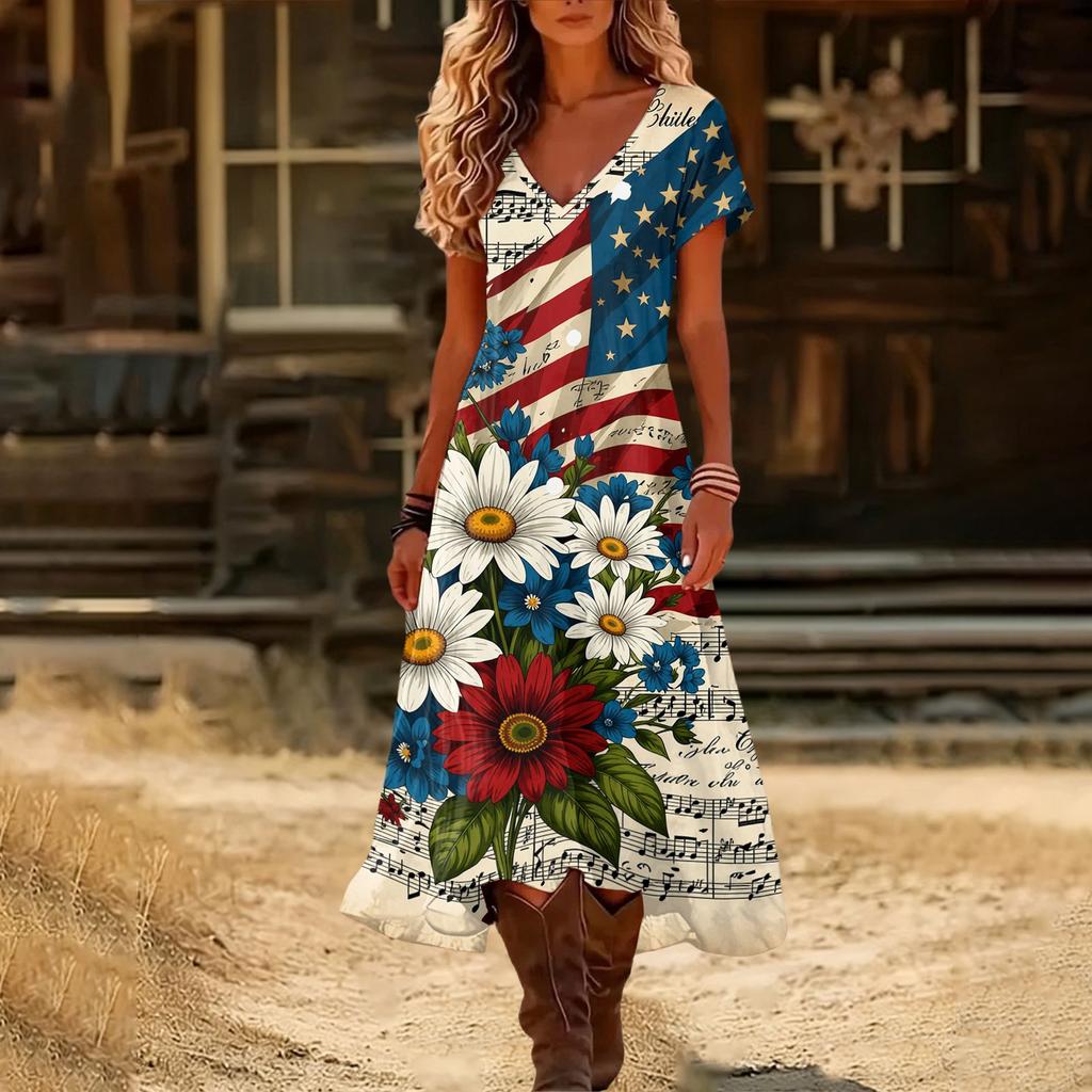Women’s V Neck Short Sleeve Maxi Dress with 1776 America Print Gradient Hem and Floral Graphic Casual Loose Fit