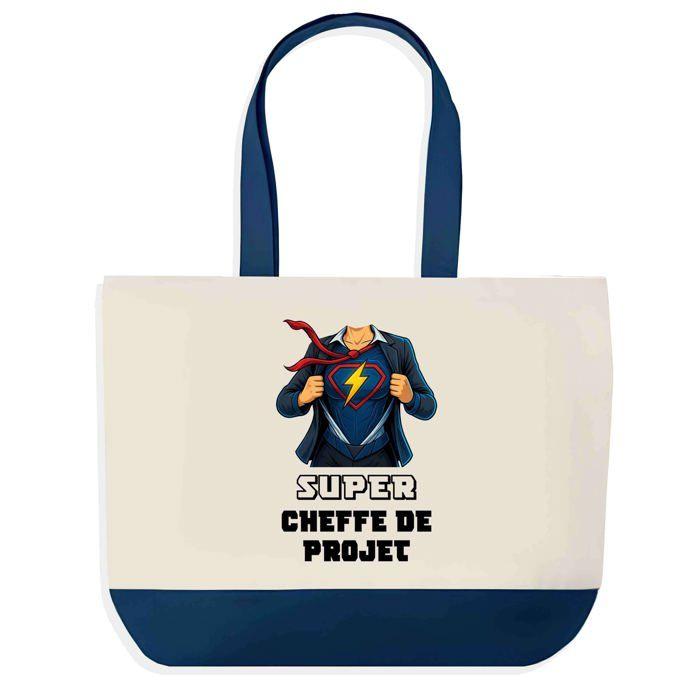 Tote bag - PLANETEE - Super Cheffe De Projet Femme Épouse - fond bleu - Coton 40x45 cm - Grand format