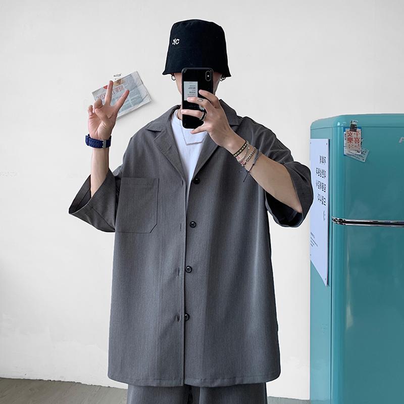 M-5XL большой корейский стиль для мальчиков и мужчин комплект костюма рубашки + шорты ДВА фото однотонная тонкая уличная одежда с карманами для подростков длиной до колен летняя одежда костюмы для мужчин