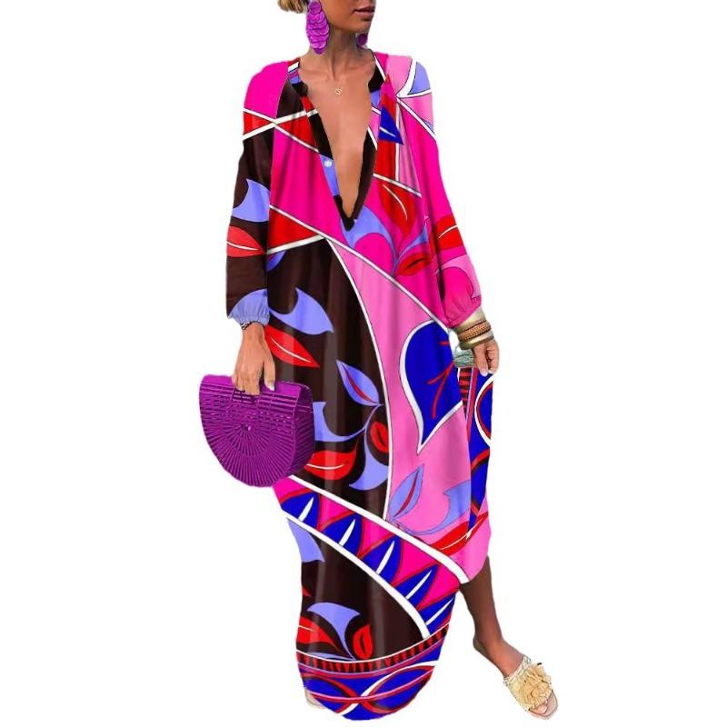 Новое модное платье с принтом и V-образным вырезом