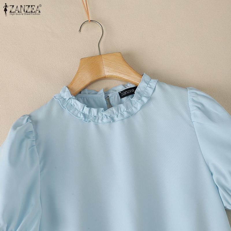 ZANZEA Женская повседневная однотонная блузка с круглым вырезом и коротким рукавом