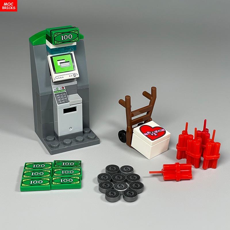 MOC Bricks ATM Dynamite Dollor Coin Bag Money Delivery Treasure Building Blocks Educational Assembled Parts Toys For Kids Gift