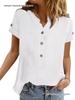 Women's Summer Retro Patchwork Cotton Linen V-Neck Button Short Sleeve Top