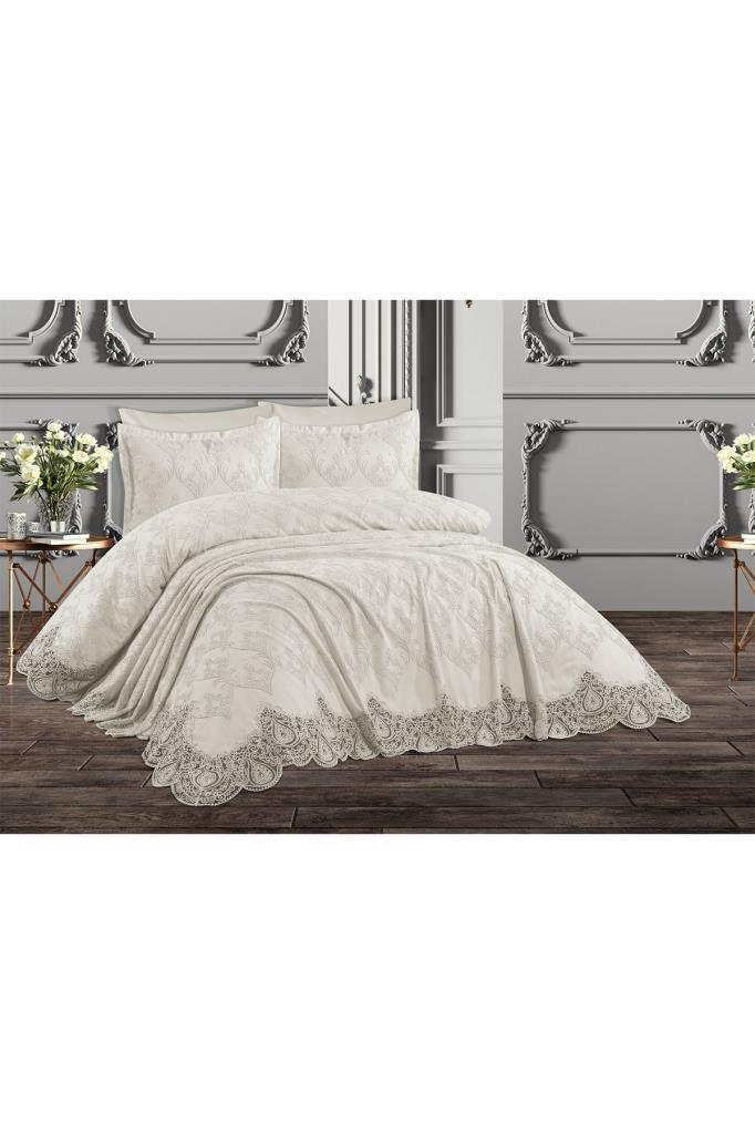 Комплект постельного белья Nilufer, Покрывало 230х240, Простыня 230х240, Ткань шенилл, Полный размер, Полноценная кровать, Кремовый