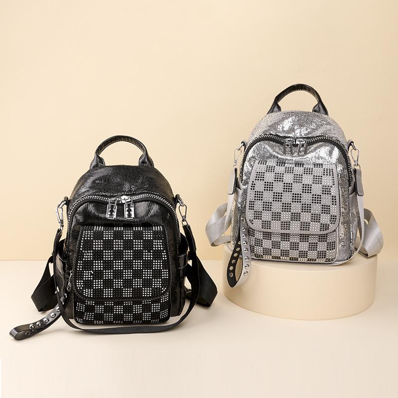 Women's Backpack Chessboard Rhinestone Bag Outdoor Leather Backpack