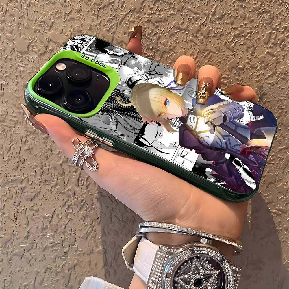 Крутой аниме чехол S-Saber для IPhone 17 16 15 14 13 12 11 Plus Pro Max, разноцветный, лазерный, с эффектом Авроры, противоударный, Funda Cover