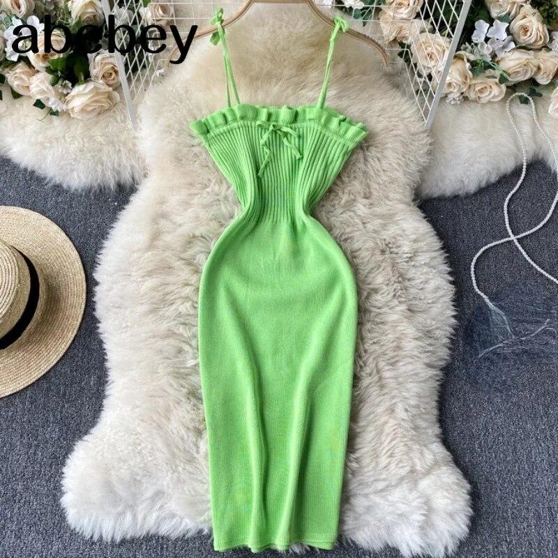 Однотонное трикотажное платье с бантом на бретельках, женское летнее мини-облегающее платье без рукавов, Vestidos, сексуальная женская одежда