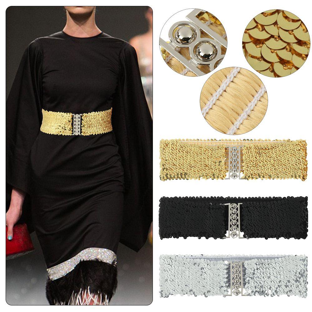 Stretch Metal Buckle Waistband Ladies Dress Cummerbands Sequin Wide Elastic Belt Belly Waist Band