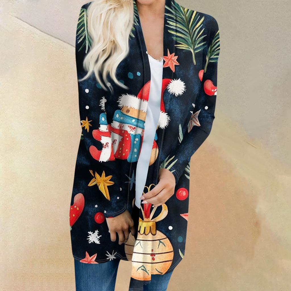 Женский модный и повседневный рождественский принтованный кардиган средней длины с длинными рукавами