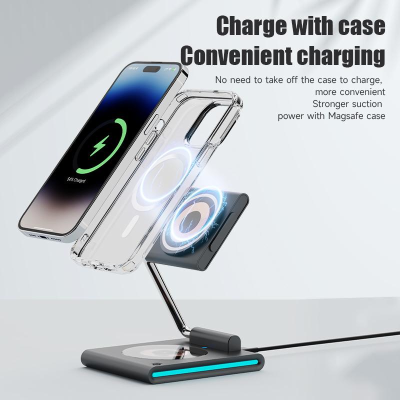 Складное беспроводное зарядное устройство RGB для iPhone 15, 14, 13, 12 Pro, светодиодная док-станция для Apple Watch S9 Ultra 2, держатель для AirPods Pro iWatch