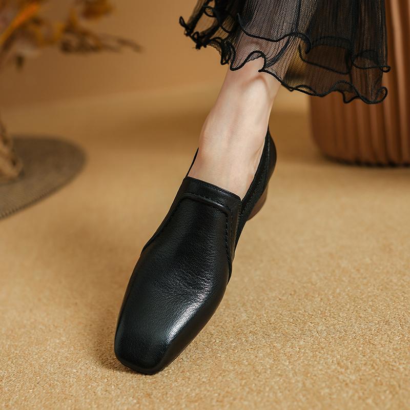 Мода 2025 Осень Новые Натуральная Кожа Мягкие Рабочие Туфли Женские Высокий Каблук Эластичные Квадратный Носок Слипоны Коричневый Хаки Британский Стиль Каблуки Женские