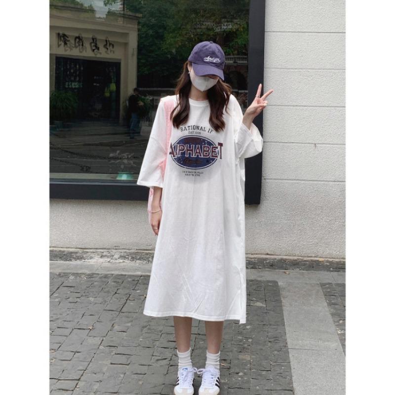 Женское летнее платье-футболка с коротким рукавом, модное повседневное платье выше колена плюс длинное платье