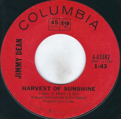7-дюймовая пластинка JIMMY DEAN Harvest Of Sunshine Under The Sun 443382 Columbia 1965 США Кантри/Фолк Б/у
