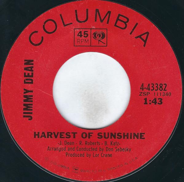 7-дюймовая пластинка JIMMY DEAN Harvest Of Sunshine Under The Sun 443382 Columbia 1965 США Кантри/Фолк Б/у