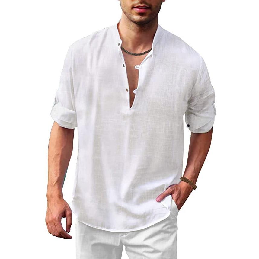 Хлопково-льняная рубашка, мужская осенняя рубашка со стойкой и длинным рукавом, однотонные негабаритные топы, мужские рубашки