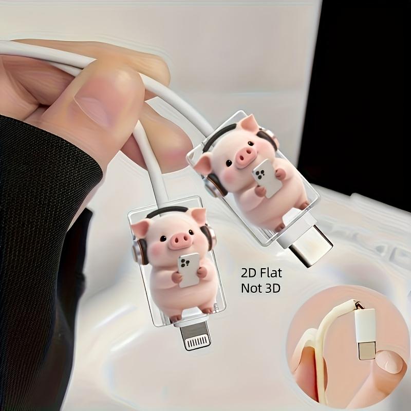 2D Flat, 2pcs Cute Pink Pig Headphone Cable Protectors, Anti-Scratch Type-C/Phone Charger Cable Protector, Phone Cable Protector