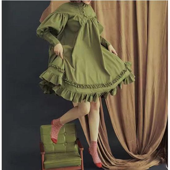 Japanese Maid Cos Clothing Long-sleeved Loose Button Lace Decoration Girl Lolita Lantern Sleeve Dress