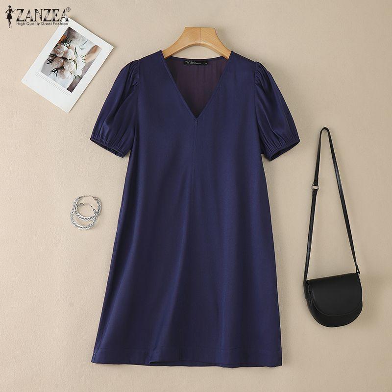 ZANZEA Women Casual V-Neck Solid Color Summer Short Sleeve Dress