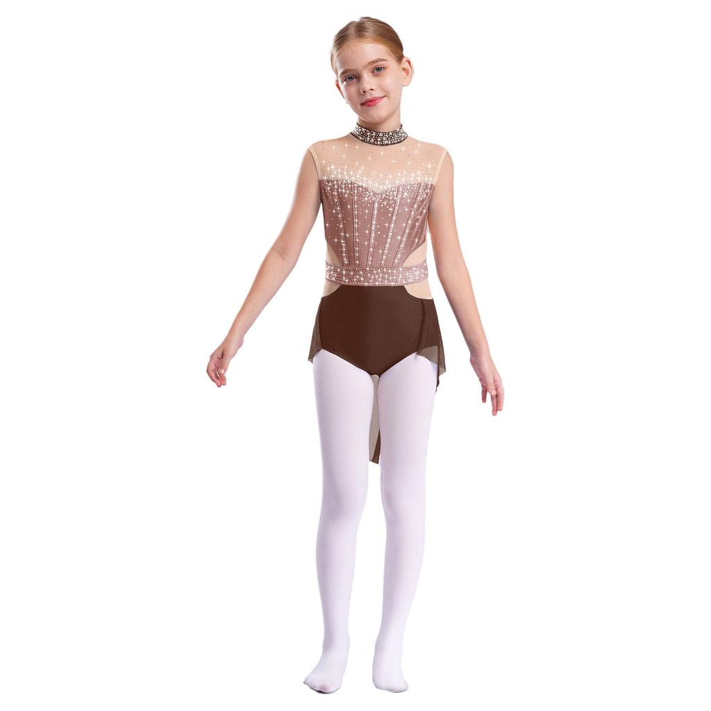 Kids Girls Ballet Gymnastics Dress Rhinestones Mesh Skirted Leotard Figure Ice Skating Jersey Lyrical Dance Performance Costume