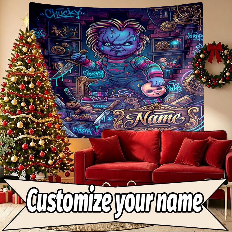 Custom Name Personalized Horror Theme Chucky Print Tapestry, Wall Art Decor, Bedroom, Dorm, Apartment, LivingRoom, Party Backdrop, Gift for Birthday
