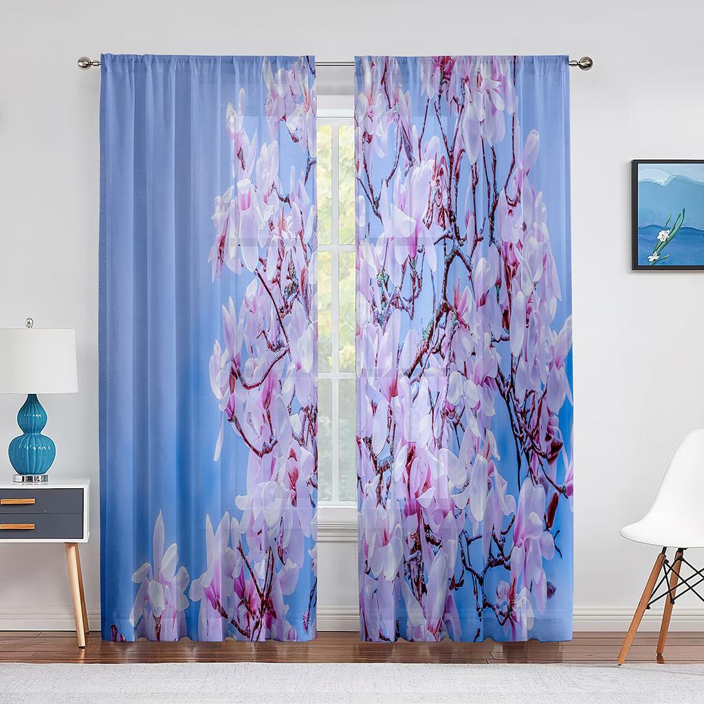 Pink Magnolia Spring Flowers Sheer Curtains for Living Room Bedroom Kitchen Hotel Decoration Chiffon Tulle Voile Window Curtain