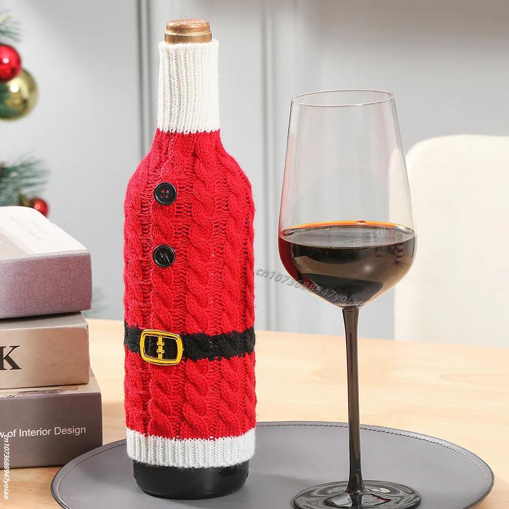 Cute Knitted Wine Bottle Cover Christmas Table Decoration Cartoon Santa Claus Snowman Pattern Red Wine Bottle Decor Xmas Gift