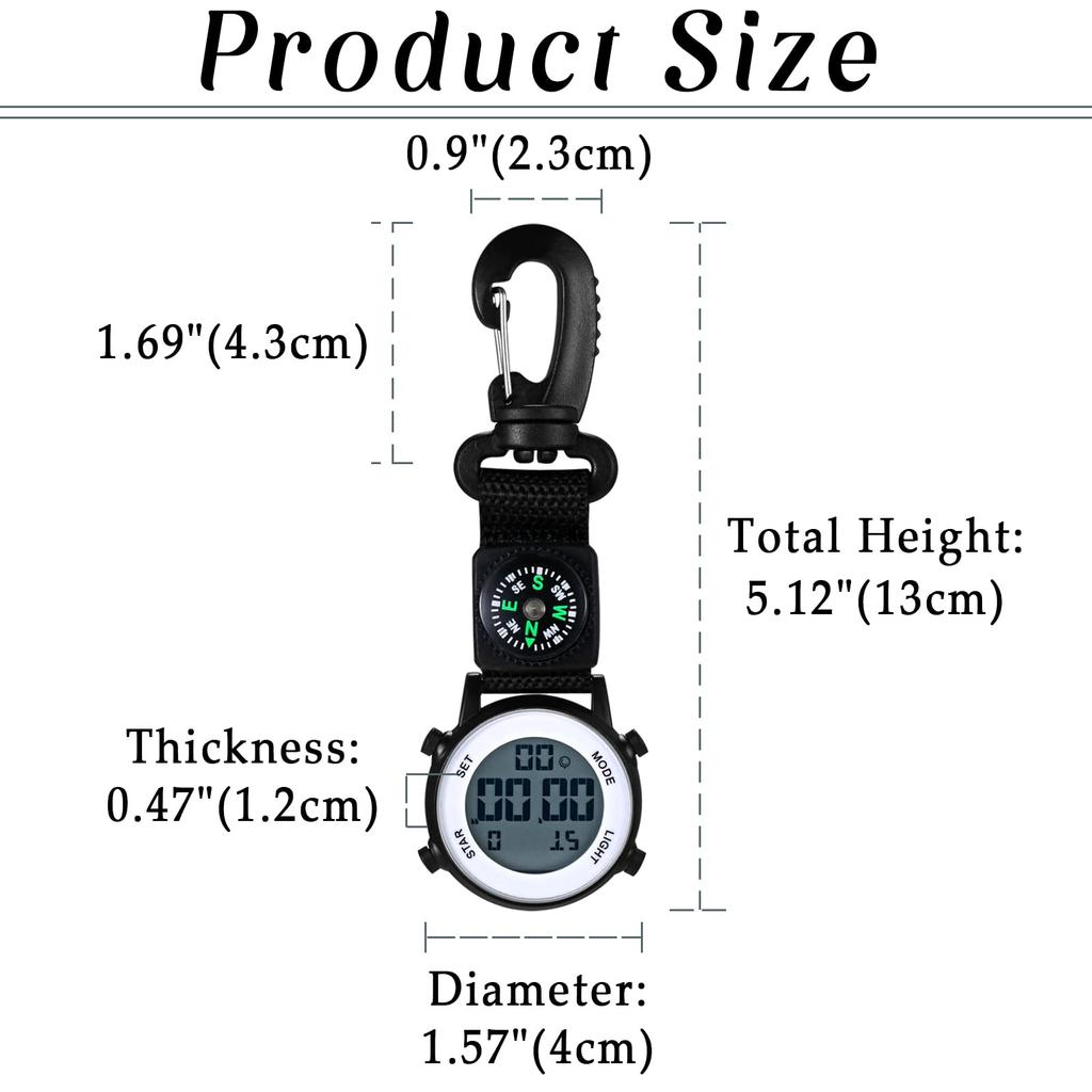 Clip Clock Digital Keychain Carabiner Watch Day of the Week Calendar Alarm Clock Compass LED Pocket Watch Nurse Watch 3ATM Waterproof Outdoor Fashion