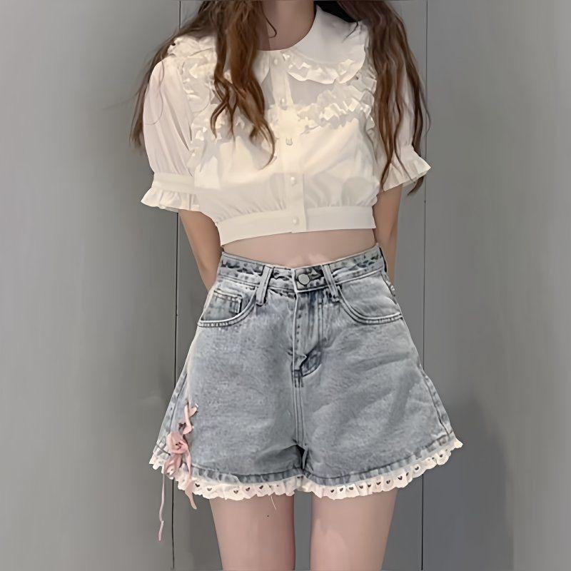 Корейская версия ретро джинсовых шорт с кружевной отделкой Женские шорты с высокой талией, свободные, горячие, А-силуэта, широкие штанины