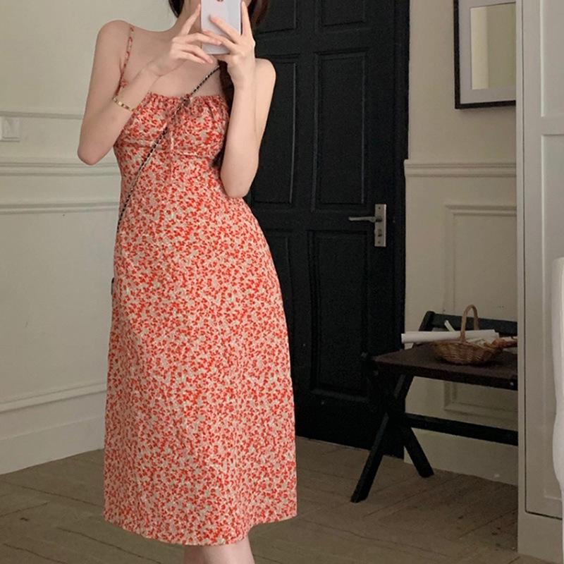 Женское платье с цветочным принтом и шнуровкой на подтяжках - красное, тонкая талия, средняя длина, новый летний пляжный стиль для отдыха