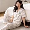 Imitation cotton cardigan pajamas women's summer short-sleeved trousers pastoral cartoon little yellow duck loose and comfortable loungewear