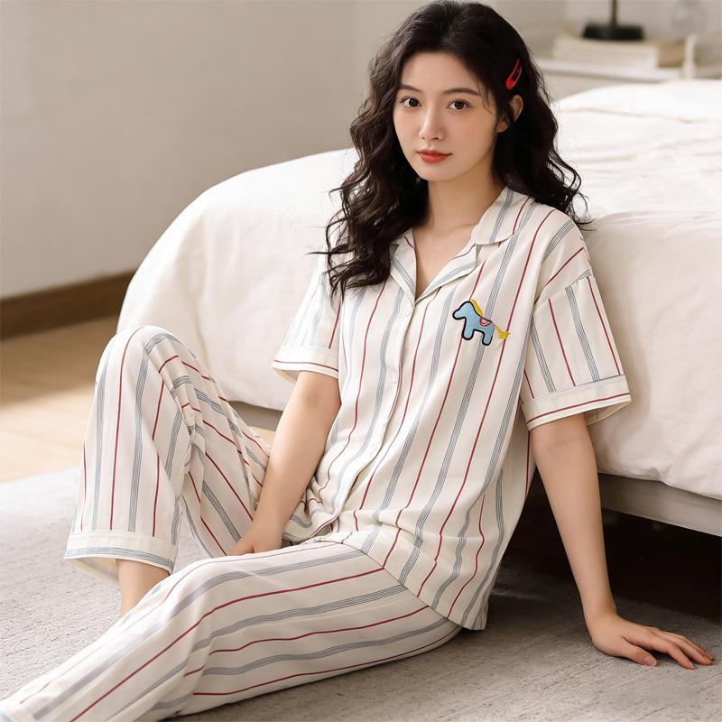 Imitation cotton cardigan pajamas women's summer short-sleeved trousers pastoral cartoon little yellow duck loose and comfortable loungewear