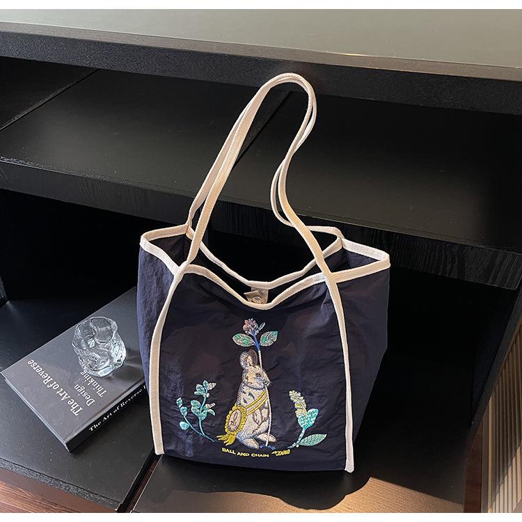 2025 Autumn Embroidered Nylon Tote: Large Capacity Fashion Shoulder Bag for Shopping & Commuting
