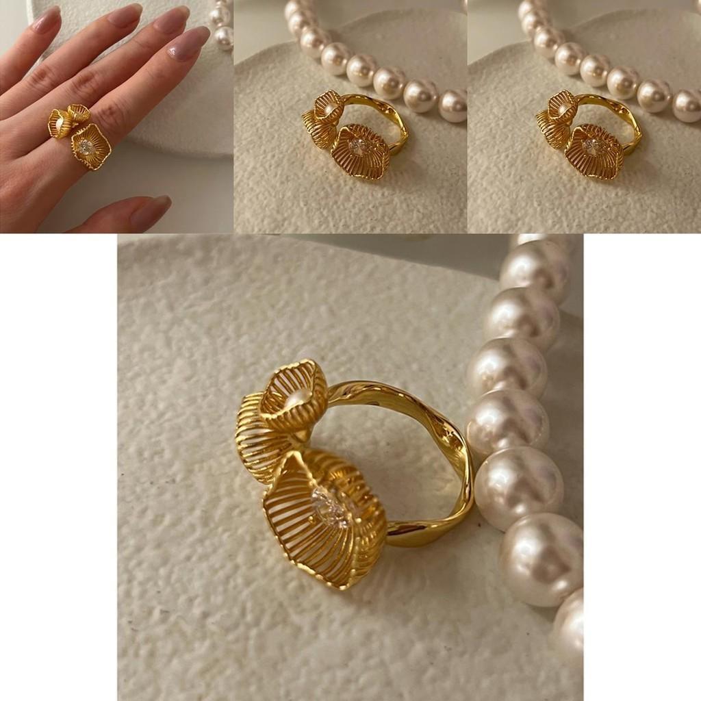 Elegant Vintage Woven Metal Pearl And Zircon Flower Design Ring For Women