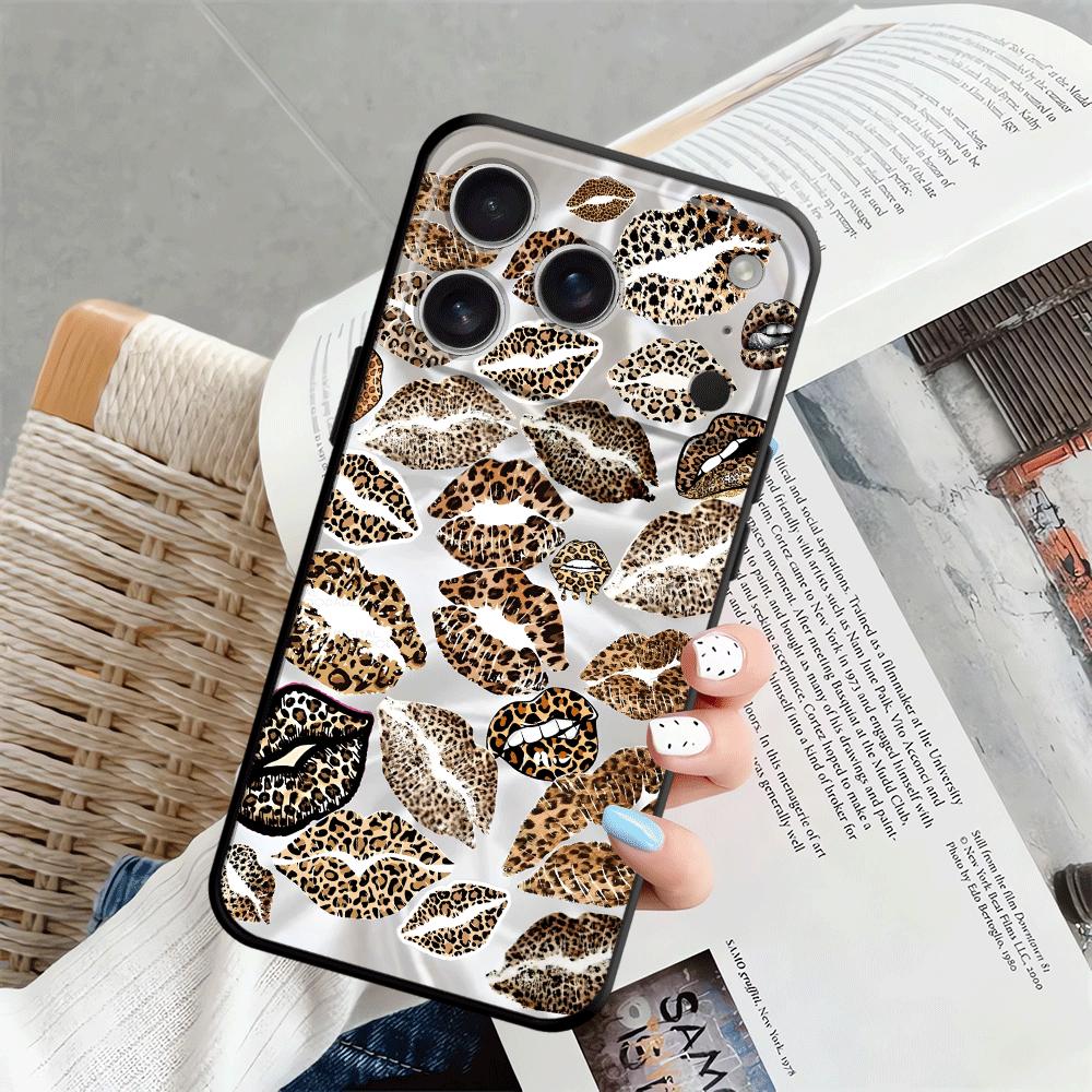 Чехол для телефона Funda для Apple iPhone 17 Pro Max 15 Pro 7 8 11 16 14 12 XR XS MAX Air 13 Леопардовый принт Арт с отпечатками губ