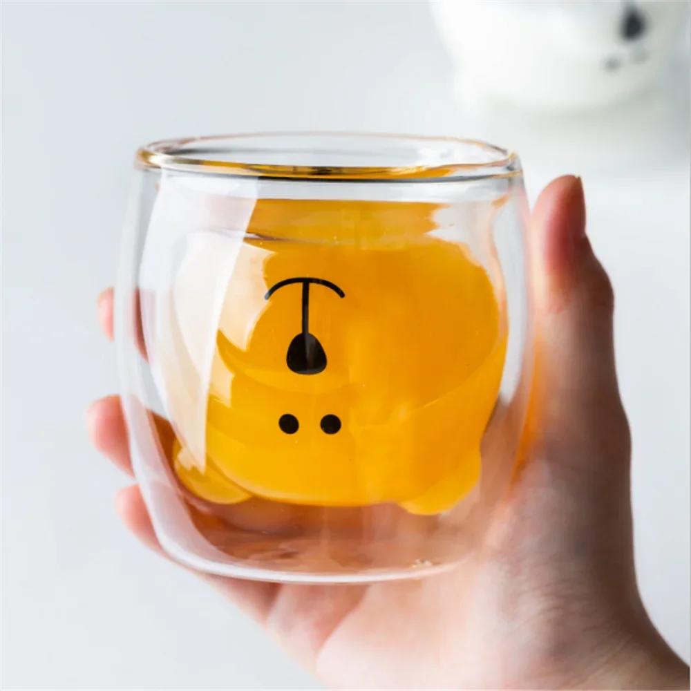 Lovely Glass Mug Transparent Double-Layer Coffee Mug Cartoon Bear Cat Prevent Scald Glass Cup Breakfast Milk Lemon Juice Cup Mug