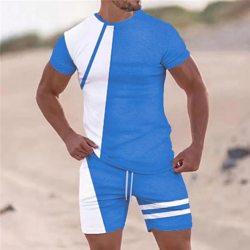Мужская одежда Футболка Костюмы Спортивный костюм Цветных блоков с круглым вырезом Уличная одежда с коротким рукавом 2 шт. Одежда Весна и лето