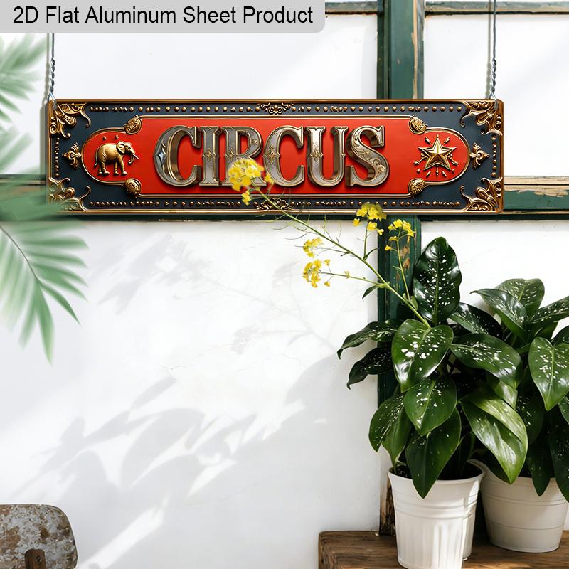 2D Flat 1pc Vintage Circus Aluminum Decorative Sign "CIRCUS" with Elephant & Star Embossed Border Steampunk Red Metal Wall Plaque 15.7x3.94 Inch—