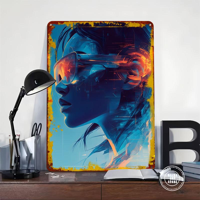 Cyberpunk Woman in Sunglasses Poster Customized Wall Art Vintage Metal Signs Retro Tin Plaque for Man Cave Home Decorations Room