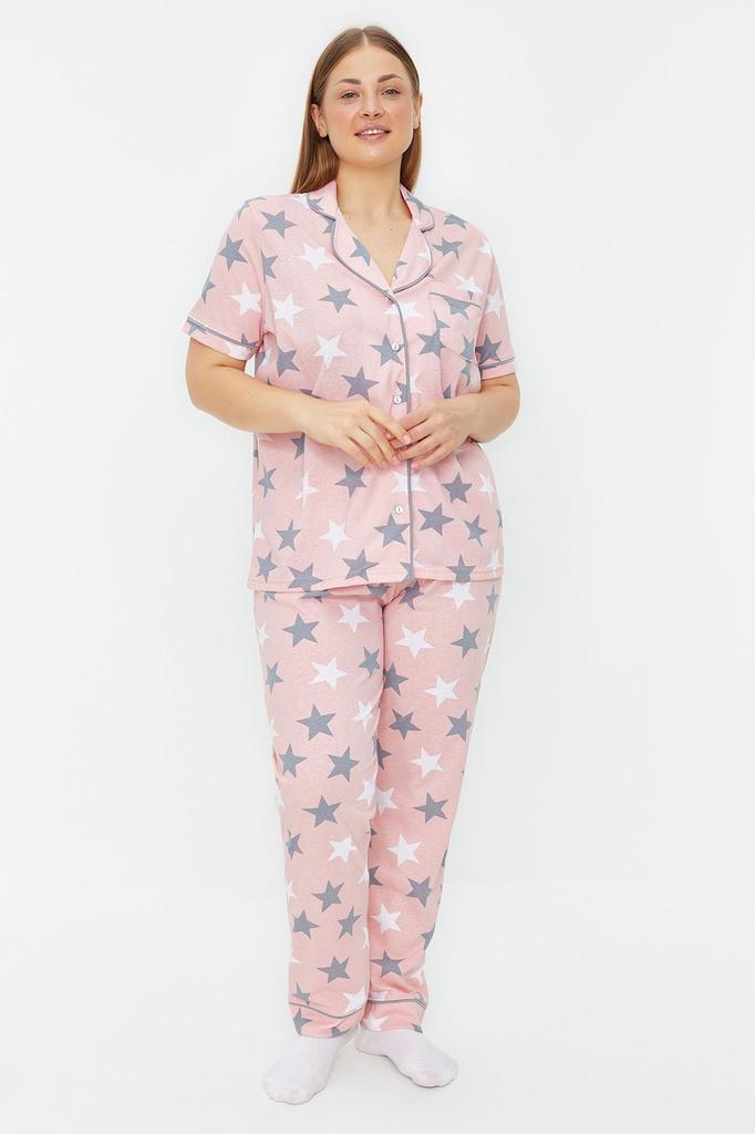 Women's Style Plus Size Powder Star Patterned Shirt Collar Knitted Pajama Set