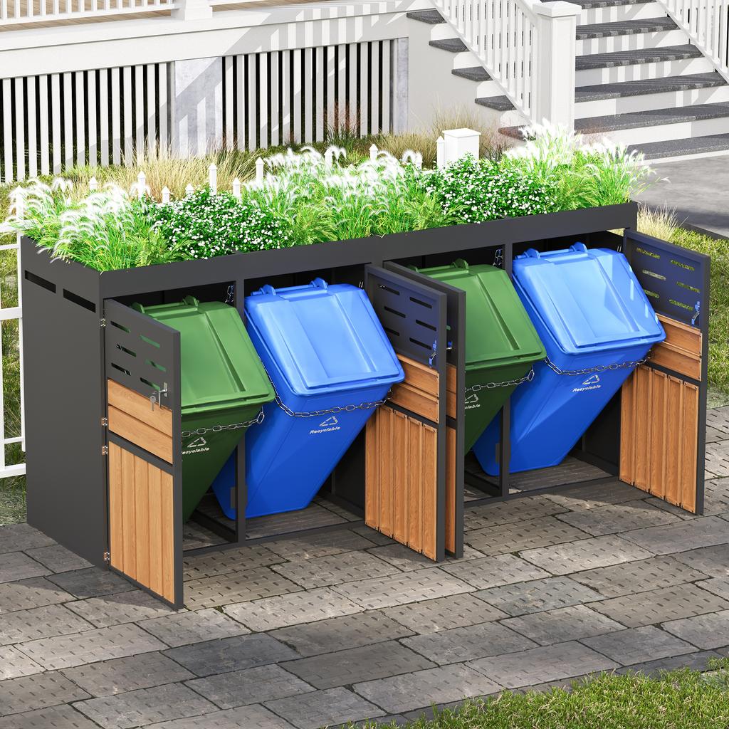 Multifunctional Outdoor Cabinet with Planter Box, Four Compartments, Galvanized Steel Frame – for Storage & Garden Decoration (without Waste Bin)
