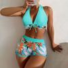 Women's Paneled Printed Swimsuit Ladies Split Boxer High Waist Swimsuit Two-Piece Set