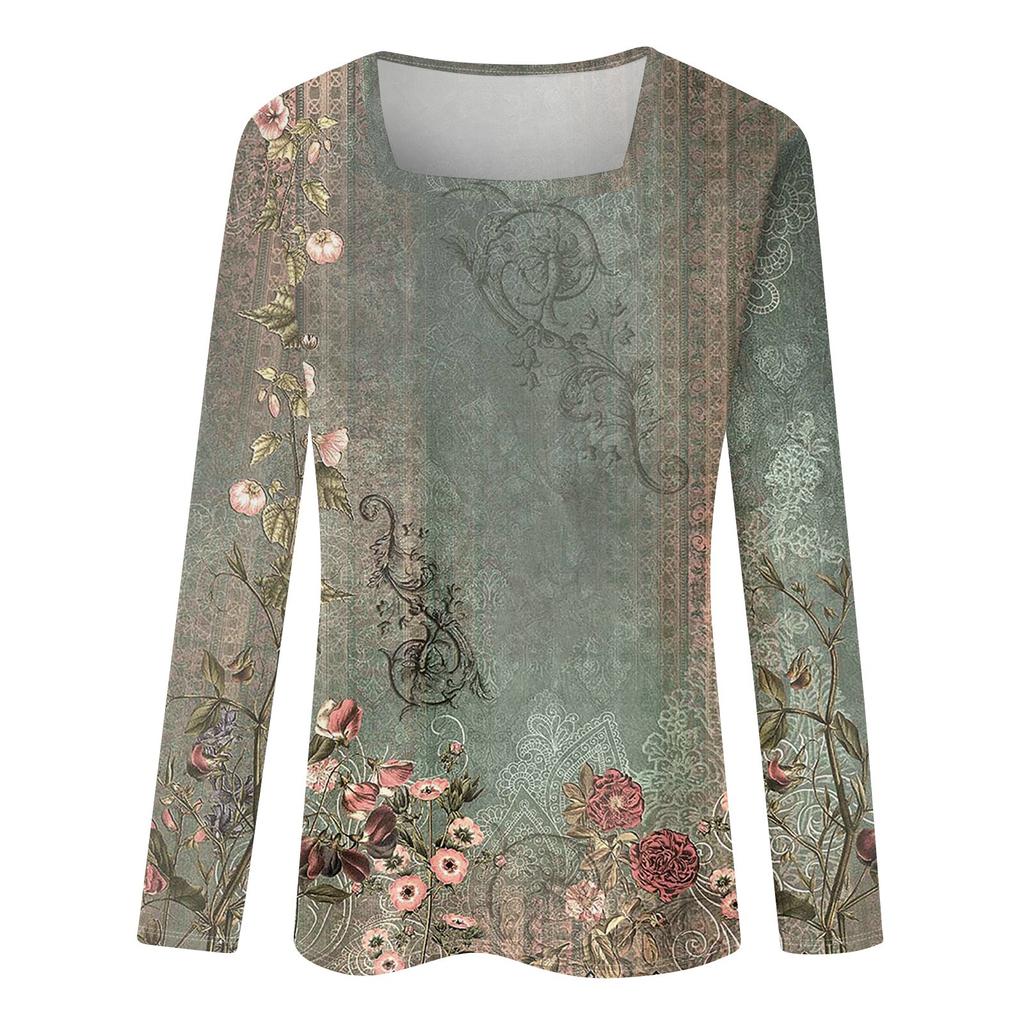 Рубашка для женщин, модная повседневная свободная футболка с квадратным вырезом и длинным рукавом с принтом, женский топ