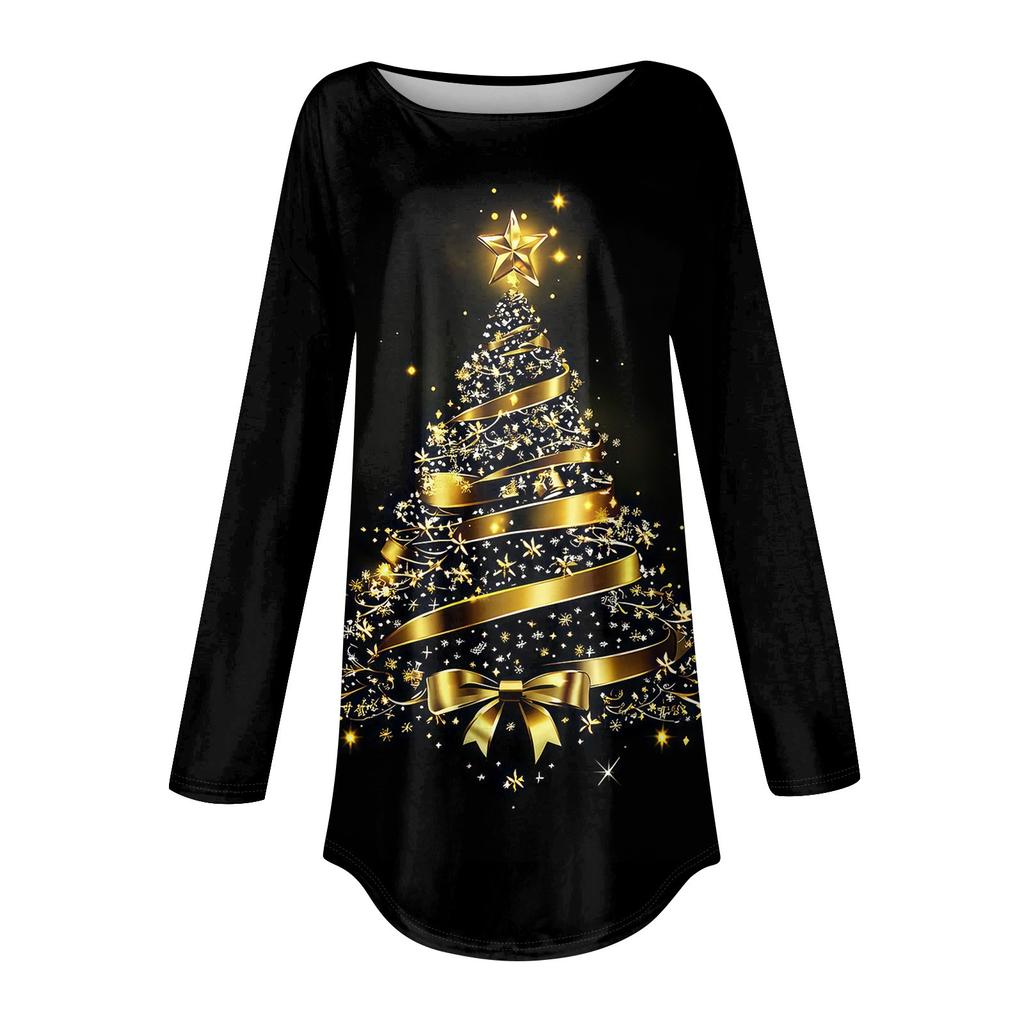 Женская свободная футболка с круглым вырезом и рождественским принтом, длинный рукав, топы, пуловер