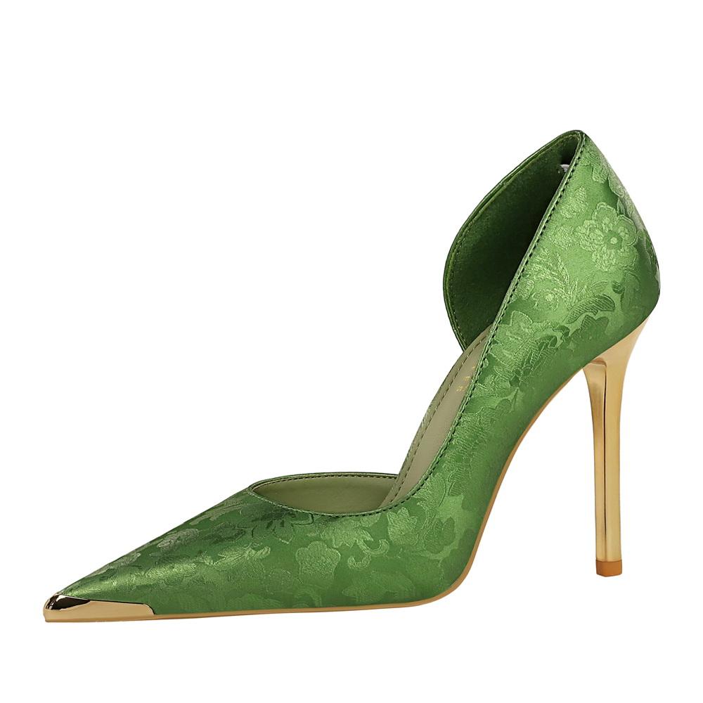 Banquet National Style Women's Shoes High Heels Thin Heel Shallow Mouth Side Hollow Satin Metal Pointed Single Shoes