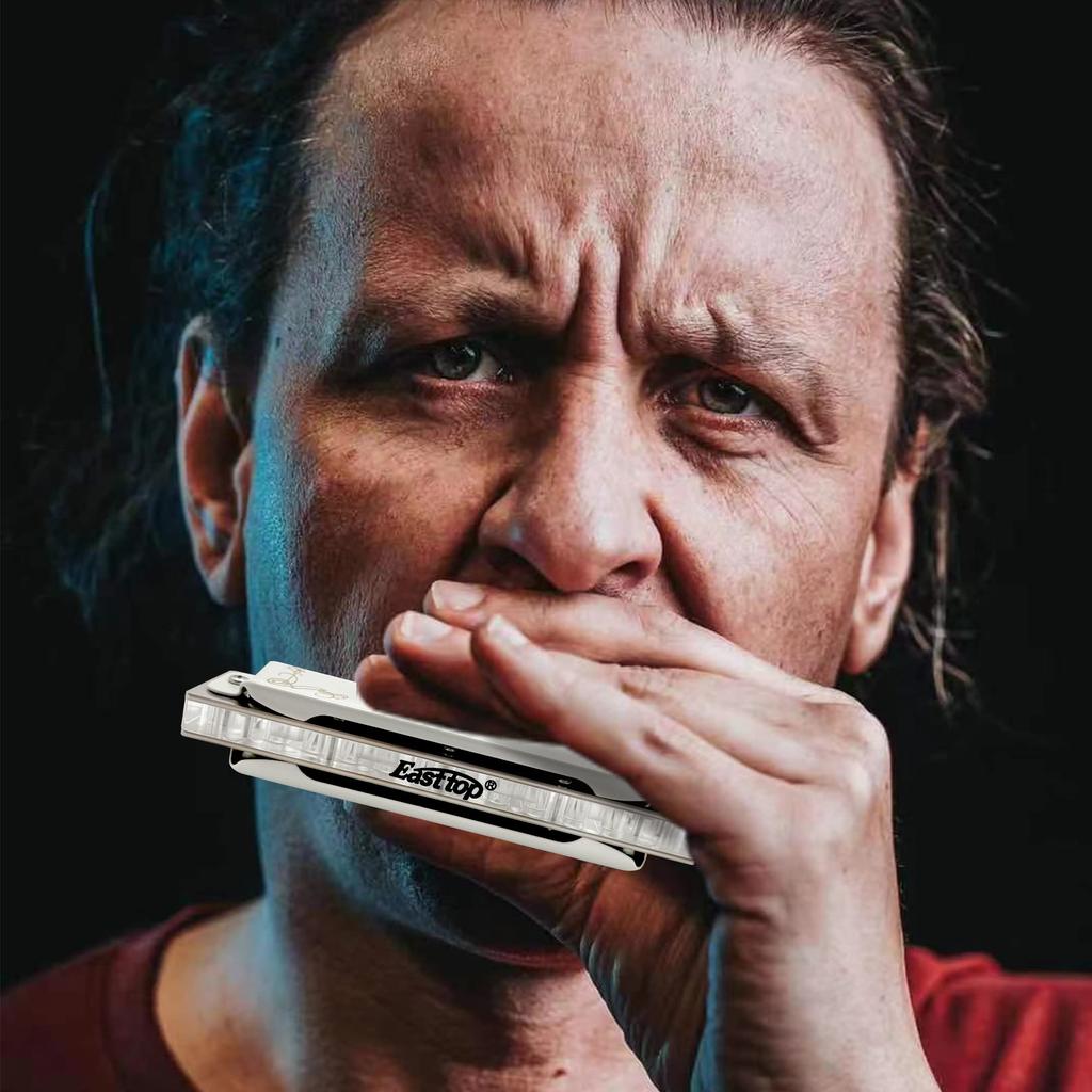 East Top Блюзовая губная гармошка в Bb 20 латунных язычков и чистка Профессиональная диатоническая губная гармошка 10 отверстий Тональность, Тоны, Крышка, Чехол, Ткань, (T008L-Bb-gm)