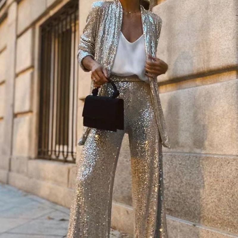 Модный комплект из двух предметов с пайетками, женская облегающая верхняя одежда в стиле пэчворк, топ с высокой талией и прямыми брюками, женские весенние новые наряды