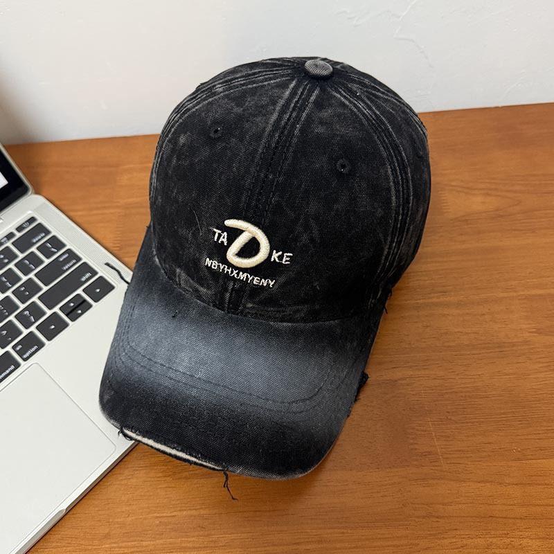 American retro tie-dye washed letter embroidered baseball cap for women, Korean style fashion distressed duckbill cap, sun hat for men